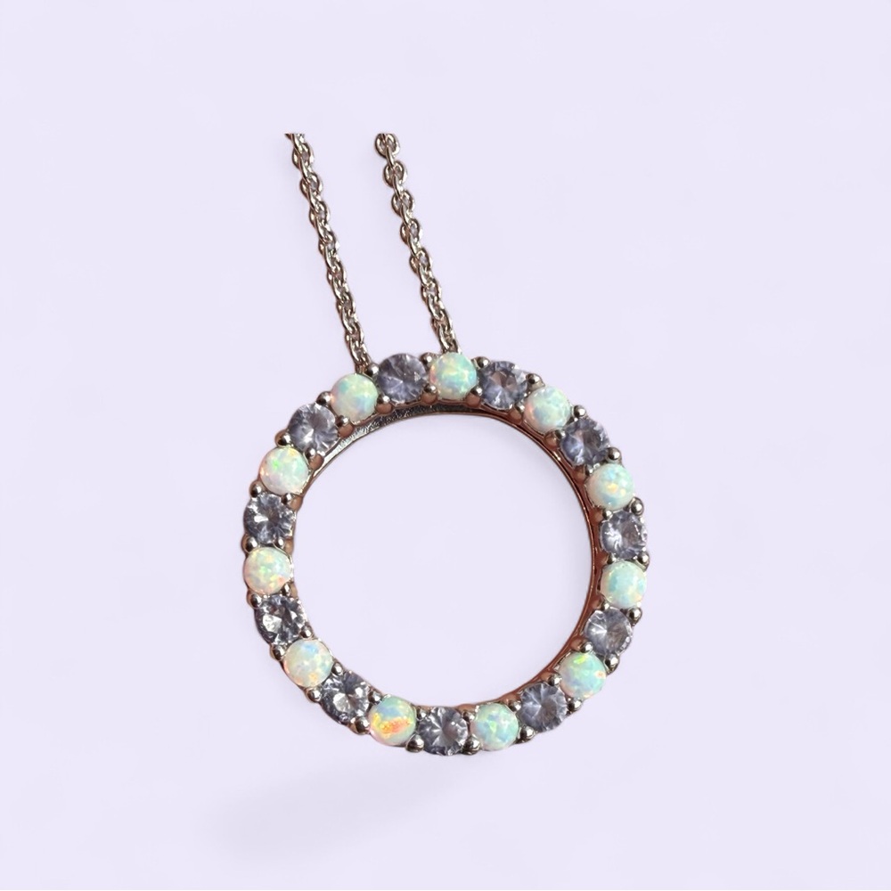 Created Opal Natural Amethyst Circle Pendant Necklace 18 inches Sterling Silver - Picture 6 of 8